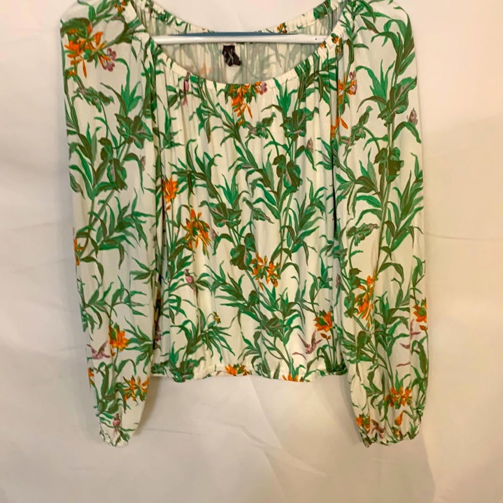 Anthropologie Floral Tropical Off‎ Shoulder Green-Orange Size Medium